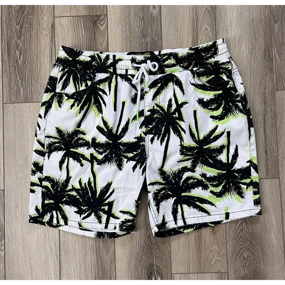 Good Vibes by Drill Clothing Company Palm Tree Drawstring Swim Shorts Sz Medium